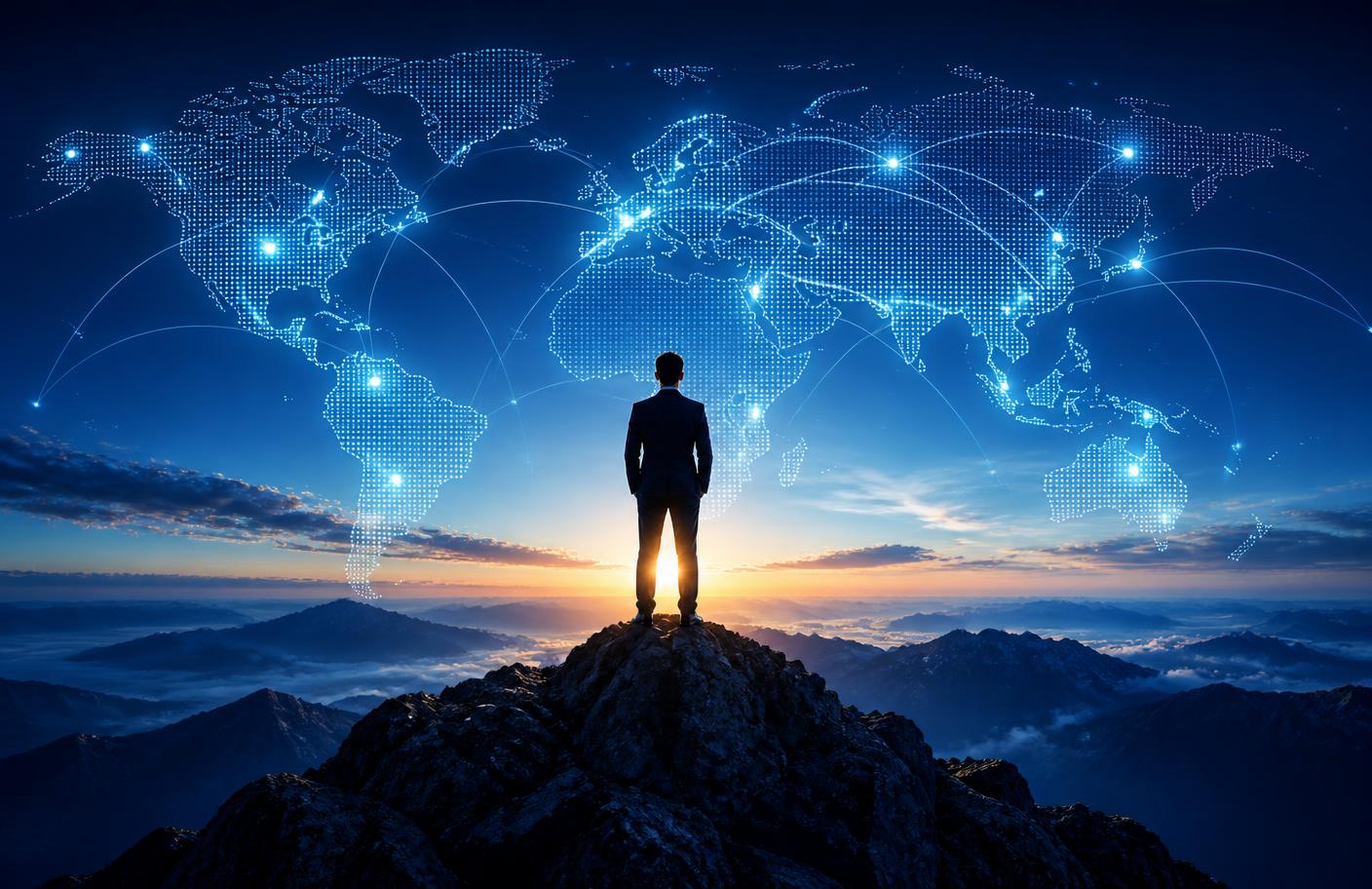 Consultant silhouette on a mountain overlooking a connected technology network